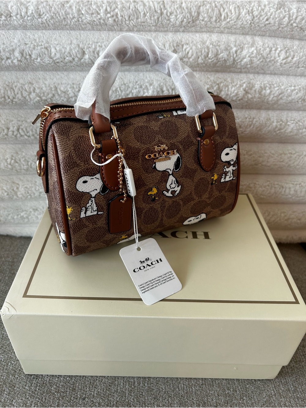 COACH Mini Brown Signature Snoopy Mini Satchel with Gold Hardware
